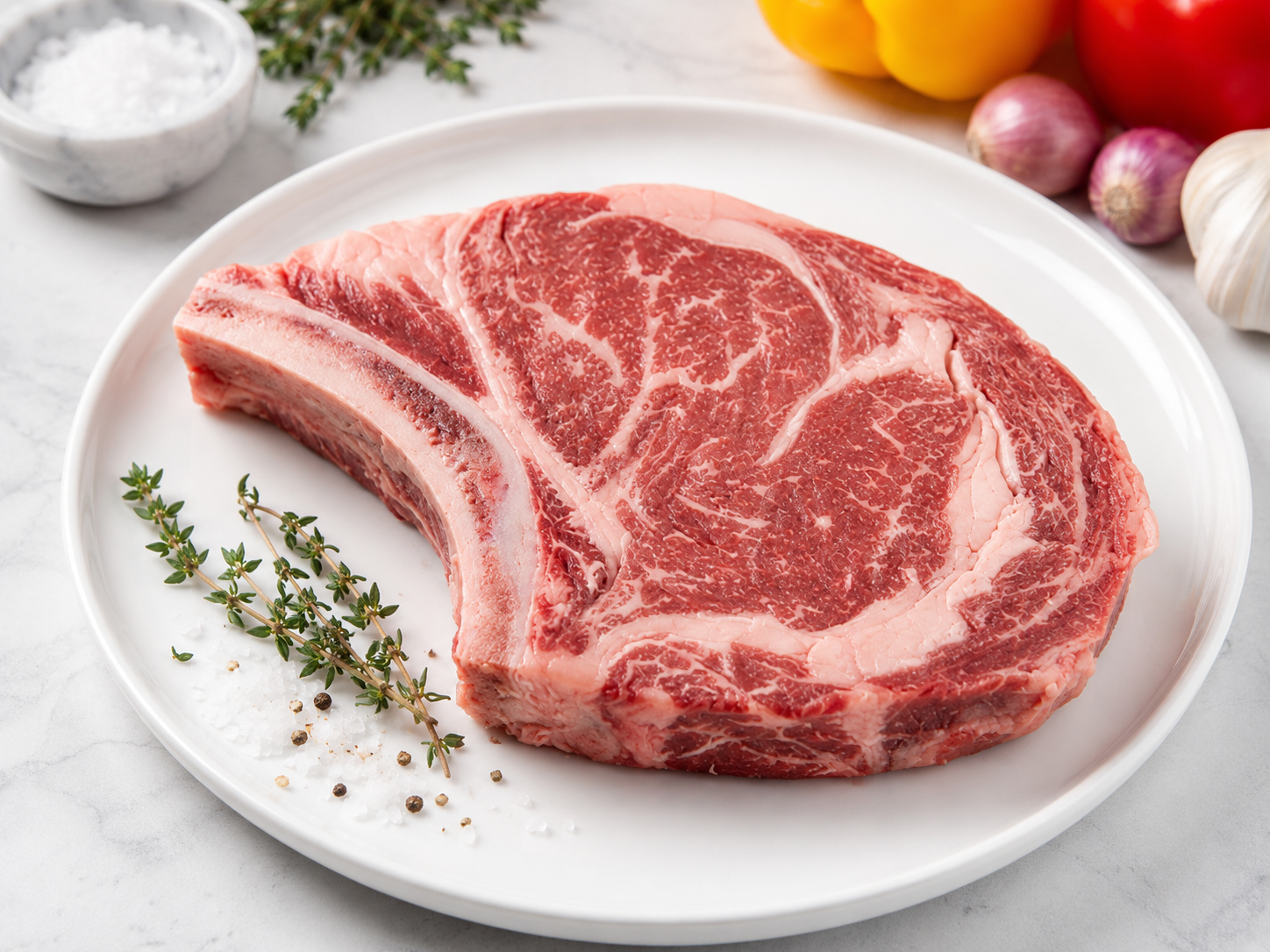 Raw Bone-In Ribeye cut from Robertson Ranch beef