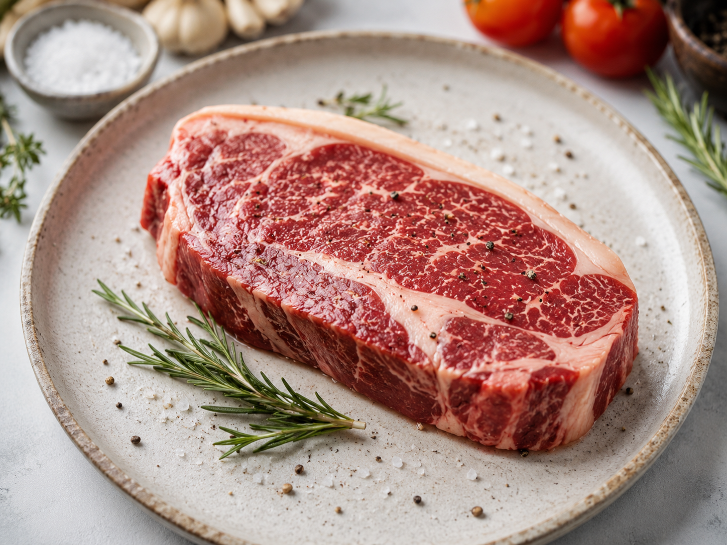 Raw New York Strip cut from Robertson Ranch beef