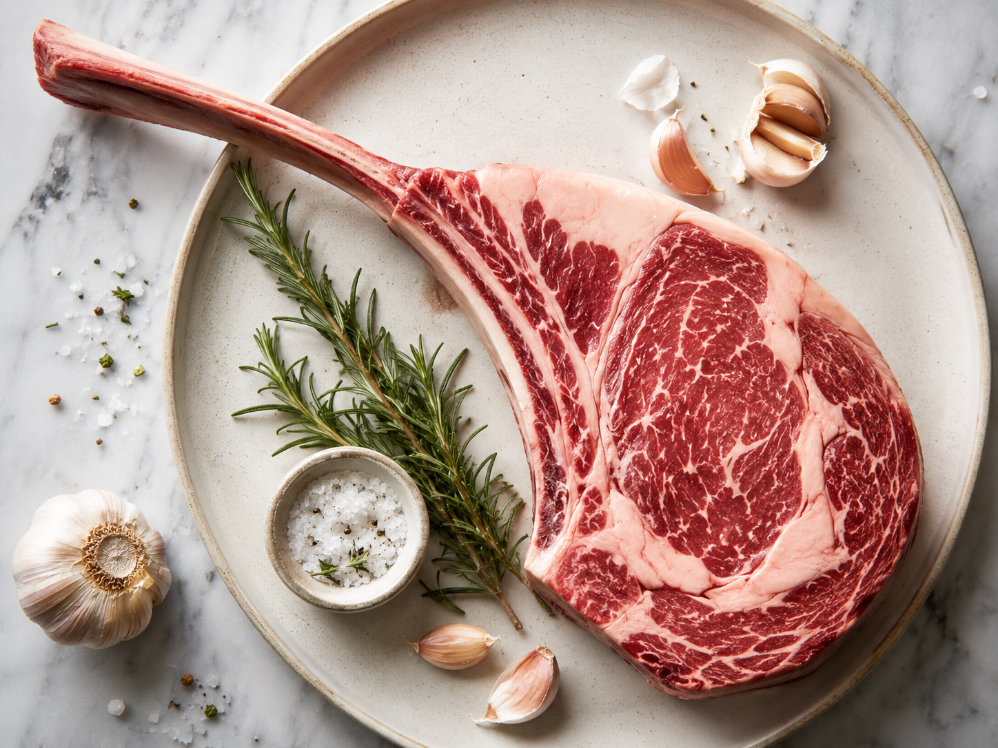 A thick, heavily marbled tomahawk ribeye from Robertson Ranch, ready for the grill